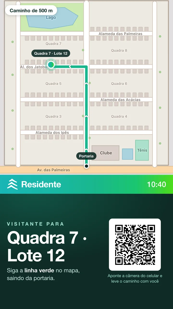TV da portaria num condomínio de casas, com o caminho de 500 metros pelas alamedas até a Quadra 7, Lote 12