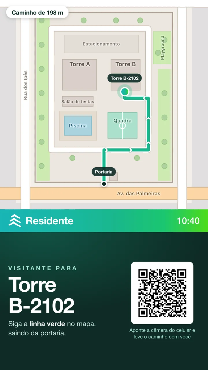TV com o mapa do condomínio, a linha até a unidade e o QR Code
